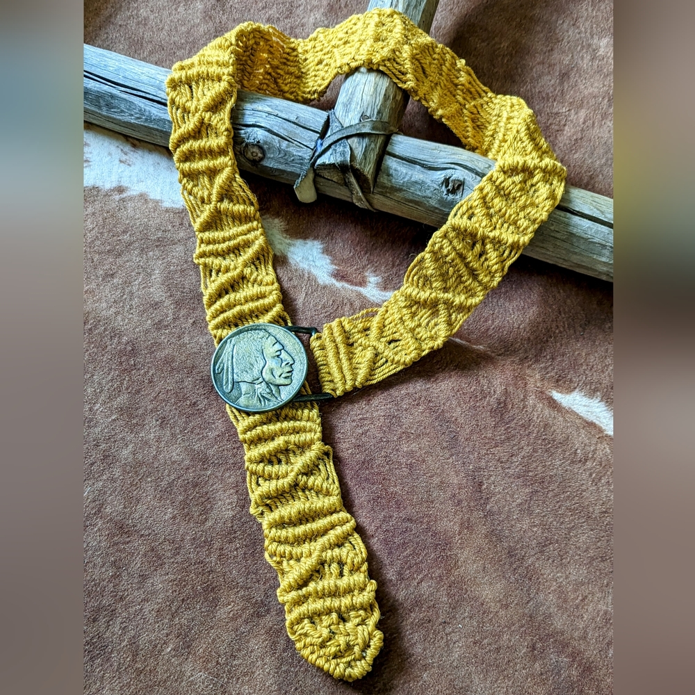 Vintage Boho Western Macrame With Indian Head Buckle Belt